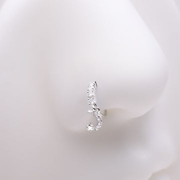 Detail View 1 of Crescent Moon and Star Sparkle Dangle Multi-Gem Lined Bendable Hoop Ring-Clear Gem